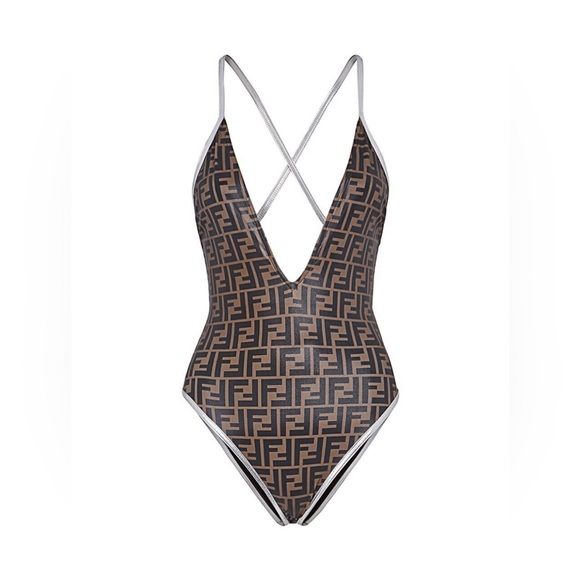 Fendi Other - Fendi Swimsuit with FF Logo Deep V Cut, Silver Trim & Criss Cross Straps